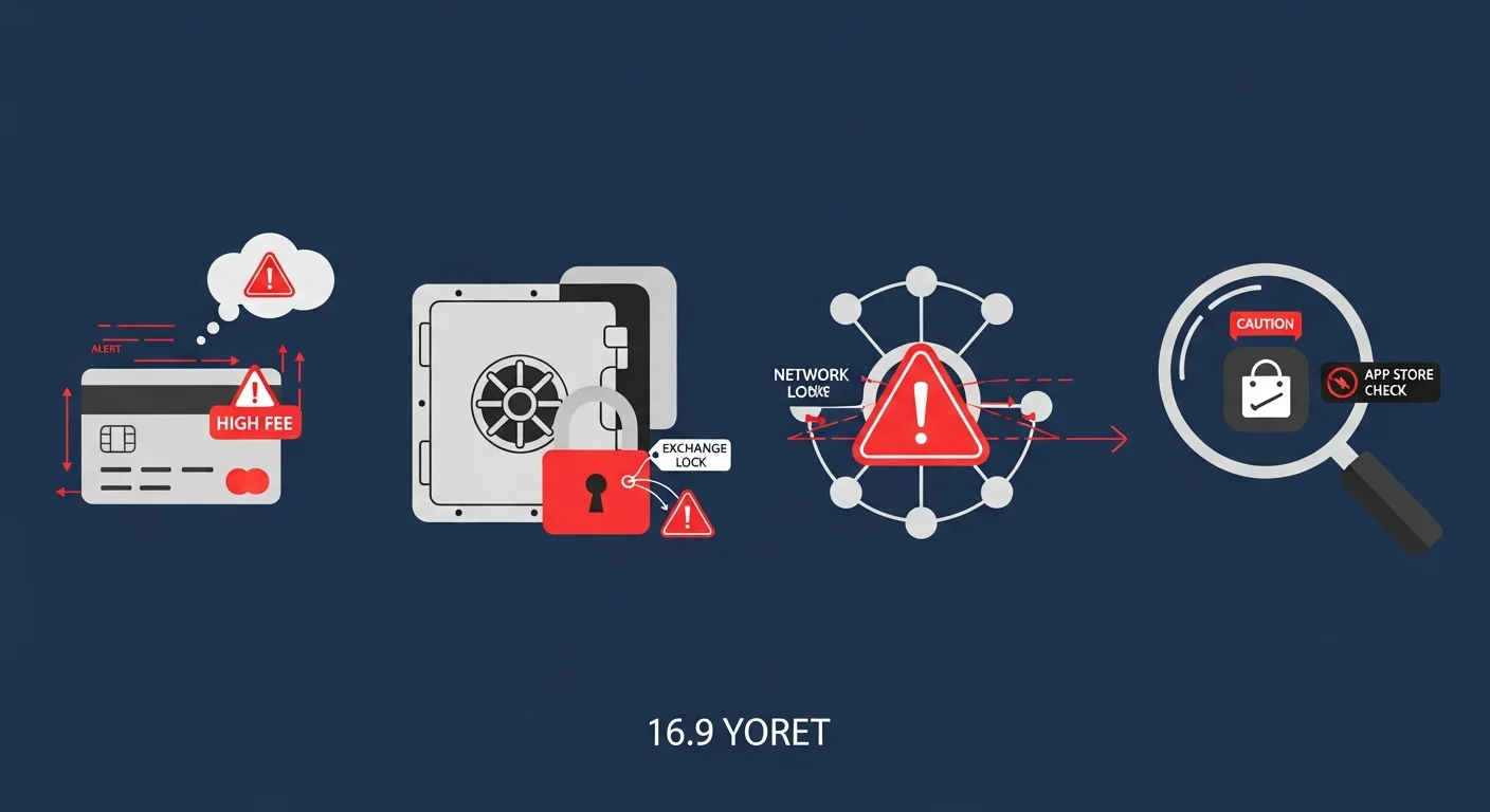 Four-panel illustration of TON buying mistakes: high card fee, custodial-only storage, wrong network, fake app