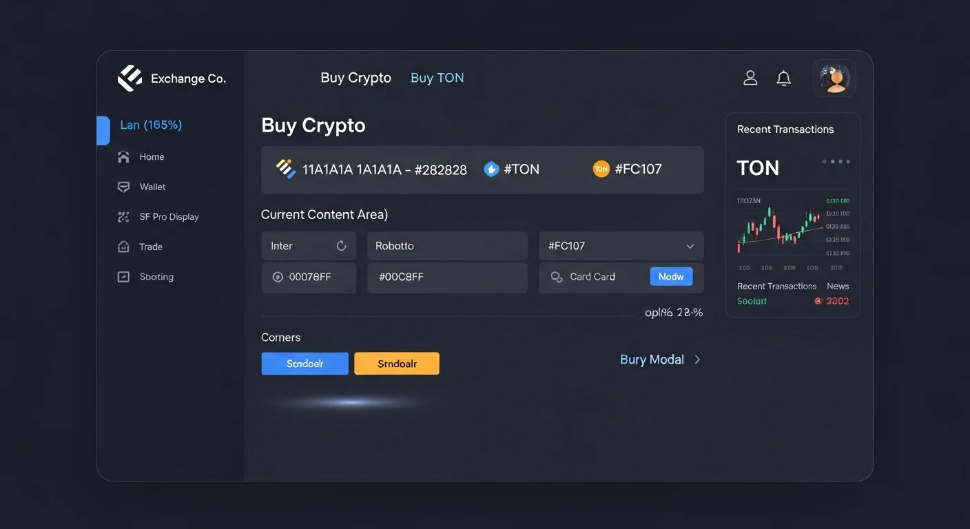 Exchange UI mockup of a buy crypto screen for TON with payment toggle, fee estimate, and buy button