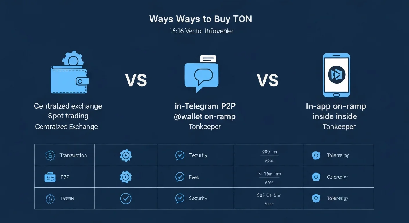 Infographic comparing four ways to buy TON: exchange, P2P, Telegram on-ramp, in-wallet on-ramp
