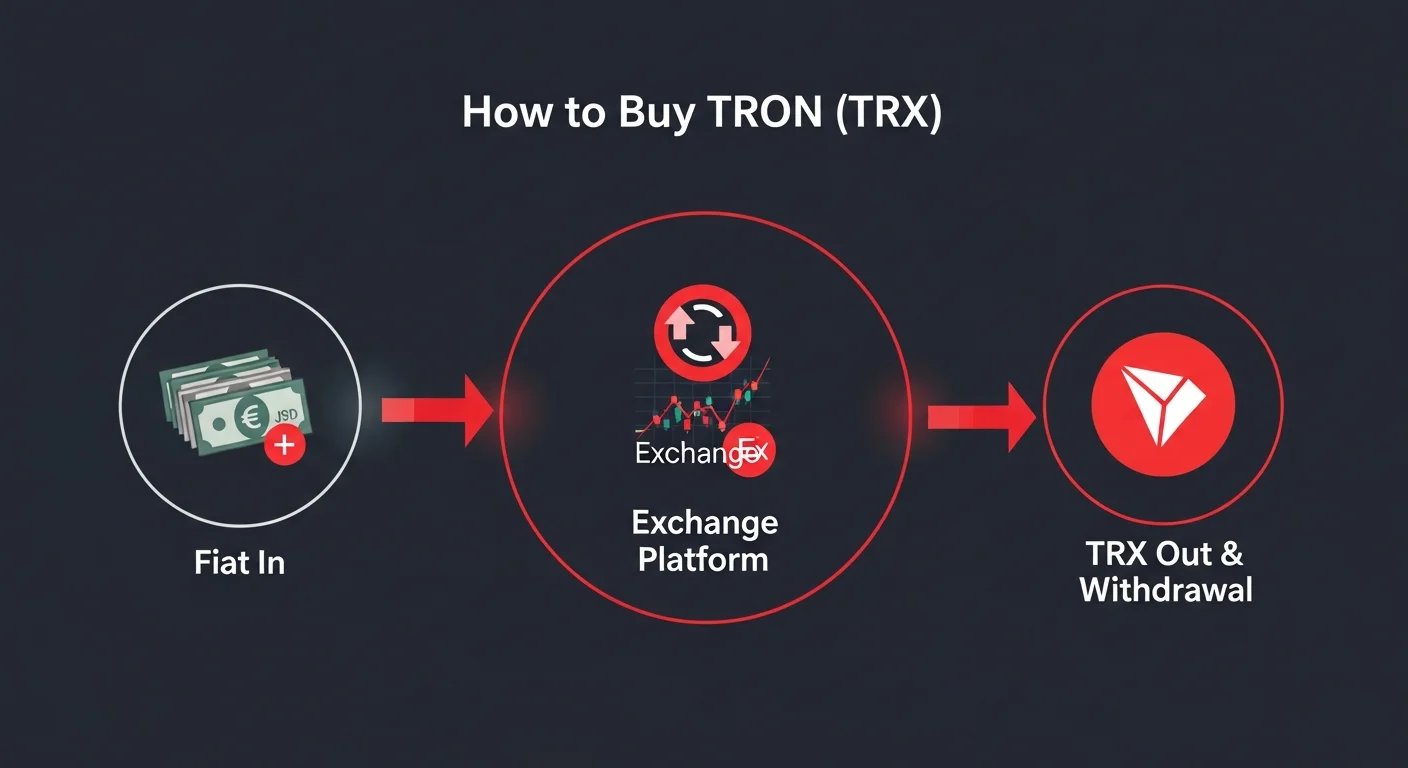 Diagram of the TRX buying flow from fiat through an exchange to a self-custody TRON wallet