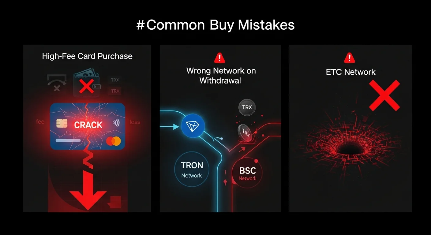 Four-panel illustration of TRX buying mistakes: high card fee, wrong network, leaving on exchange, fake app