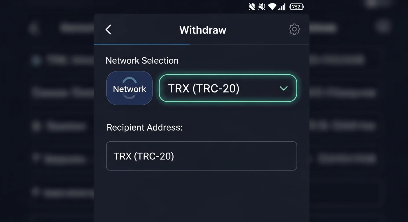 Exchange withdrawal mockup with TRC-20 network selected and address field