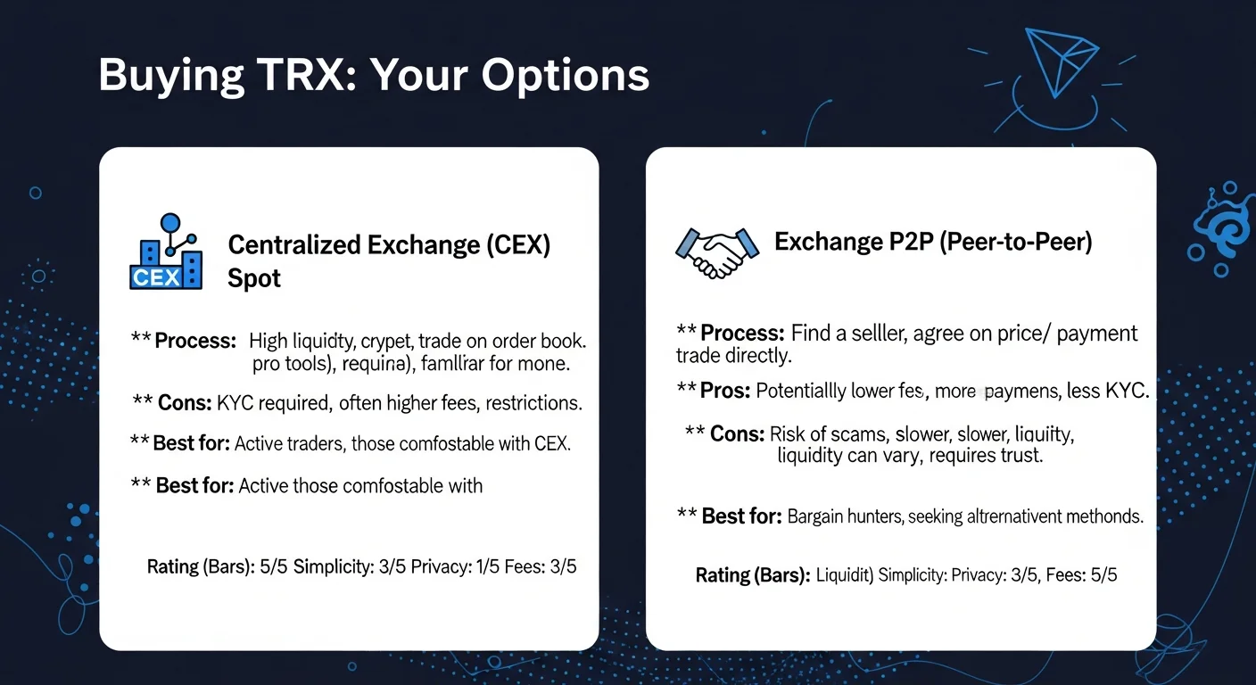 Infographic comparing four ways to buy TRX: spot exchange, exchange P2P, on-ramp, DEX swap