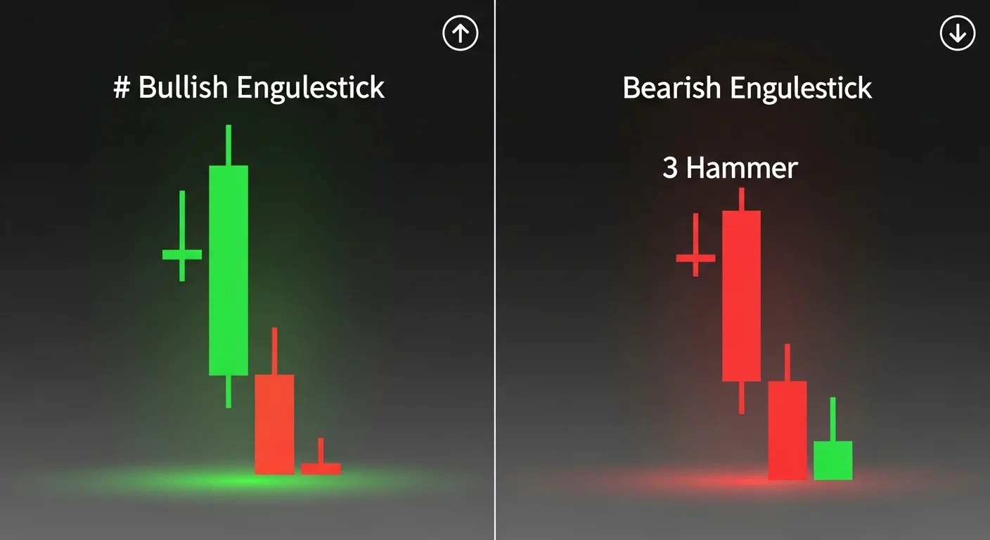 Four-panel illustration of common candlestick patterns: bullish engulfing, bearish engulfing, hammer, and shooting star