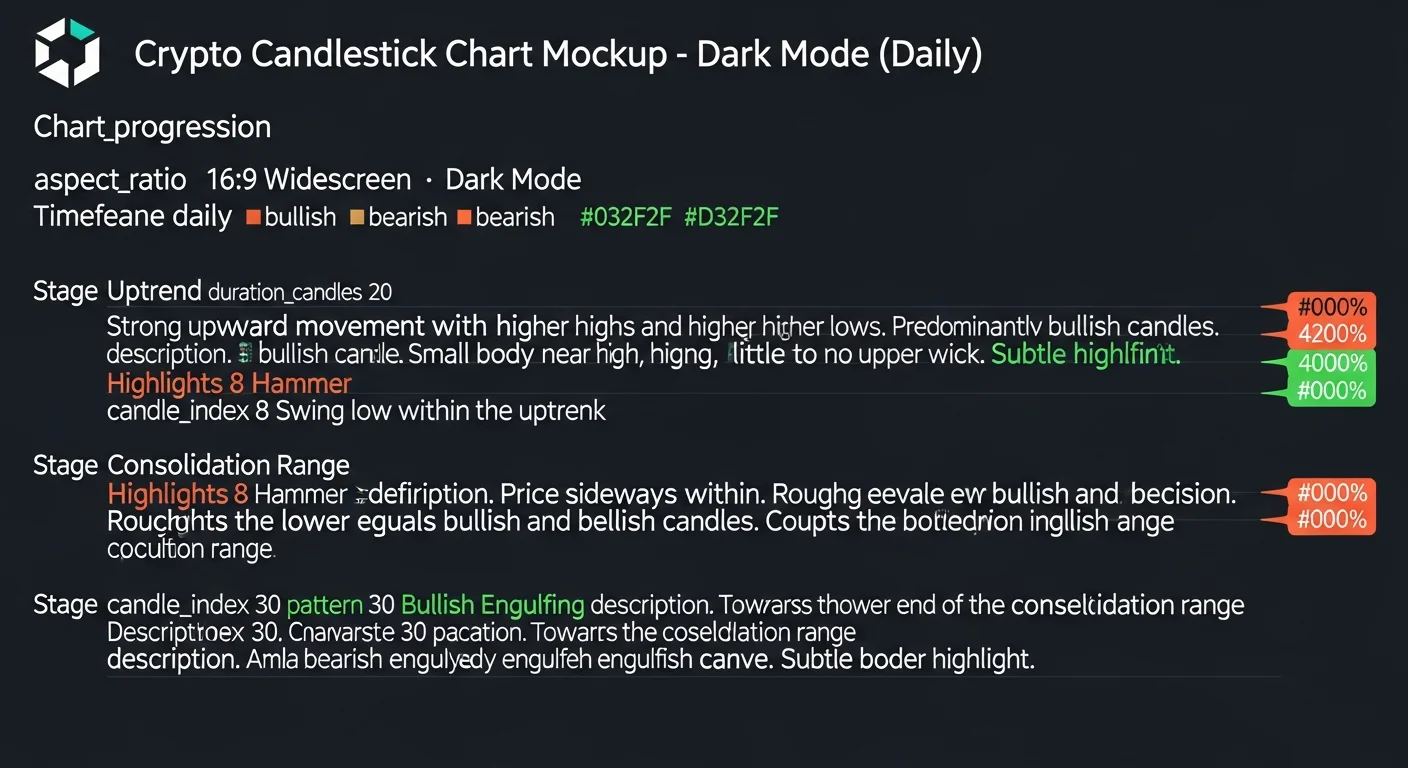 Daily crypto candlestick chart mockup with hammer, shooting star and bullish engulfing candles subtly highlighted
