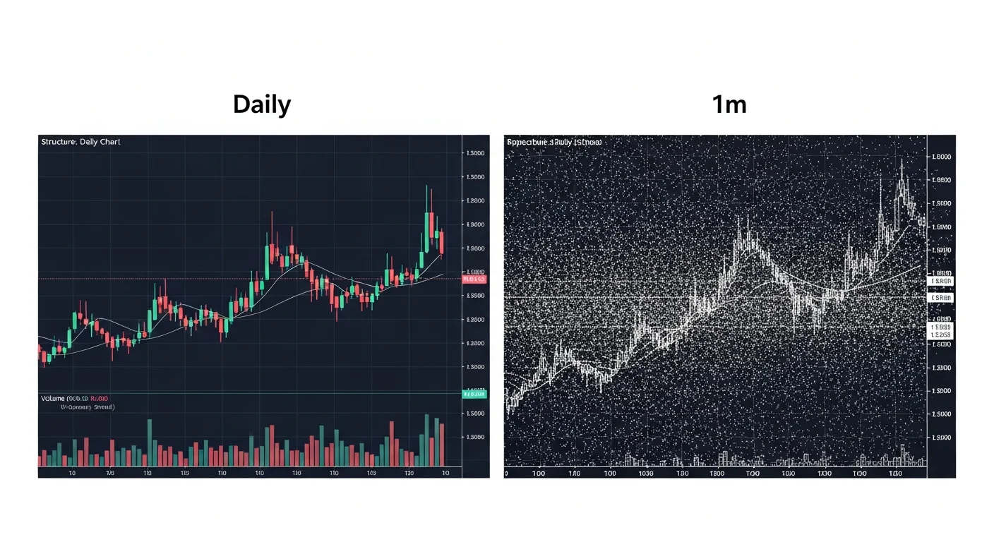 Side-by-side comparison of the same crypto market on the daily chart and the one-minute chart