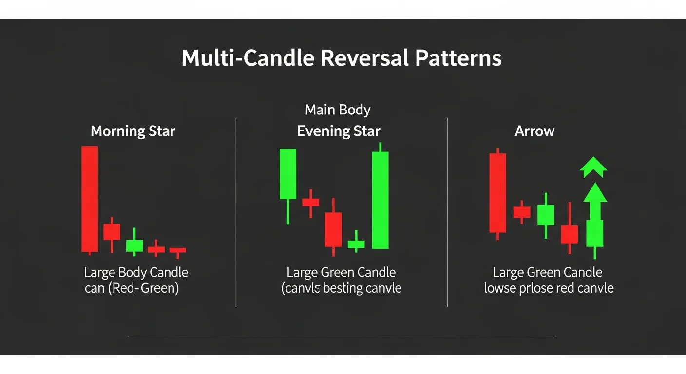 Educational diagram of morning star, evening star and inside bar breakout patterns side by side
