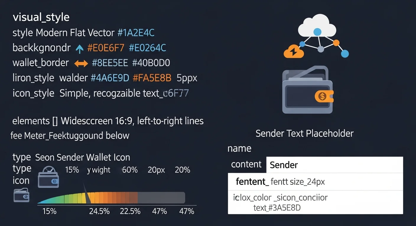 Diagram of a TON transfer flow with sender wallet, network arrow, receiver wallet and a fee meter