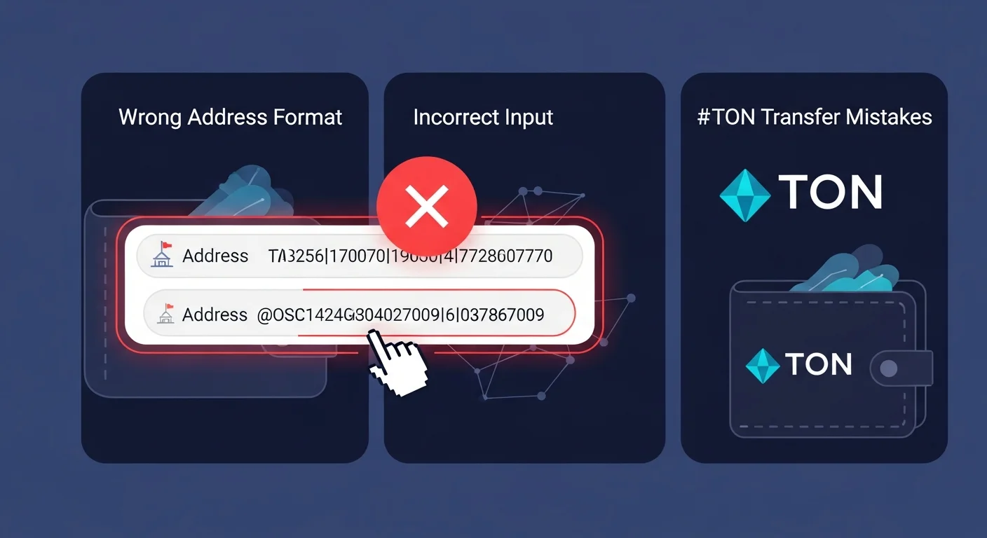Four-panel illustration of TON transfer mistakes: wrong format, missing memo, wrong network, paste hijack