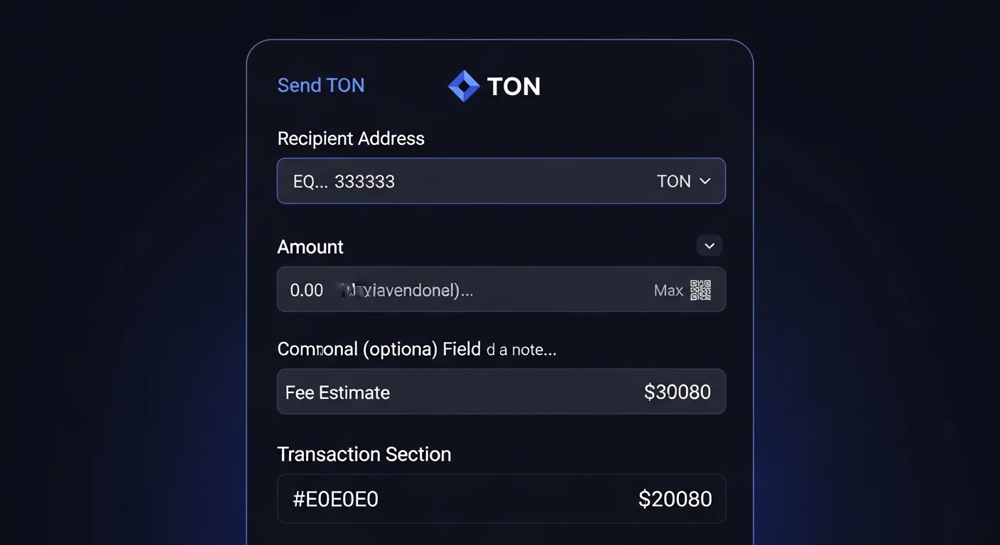 TON wallet send screen mockup with address, amount, optional comment, fee estimate, and confirm button