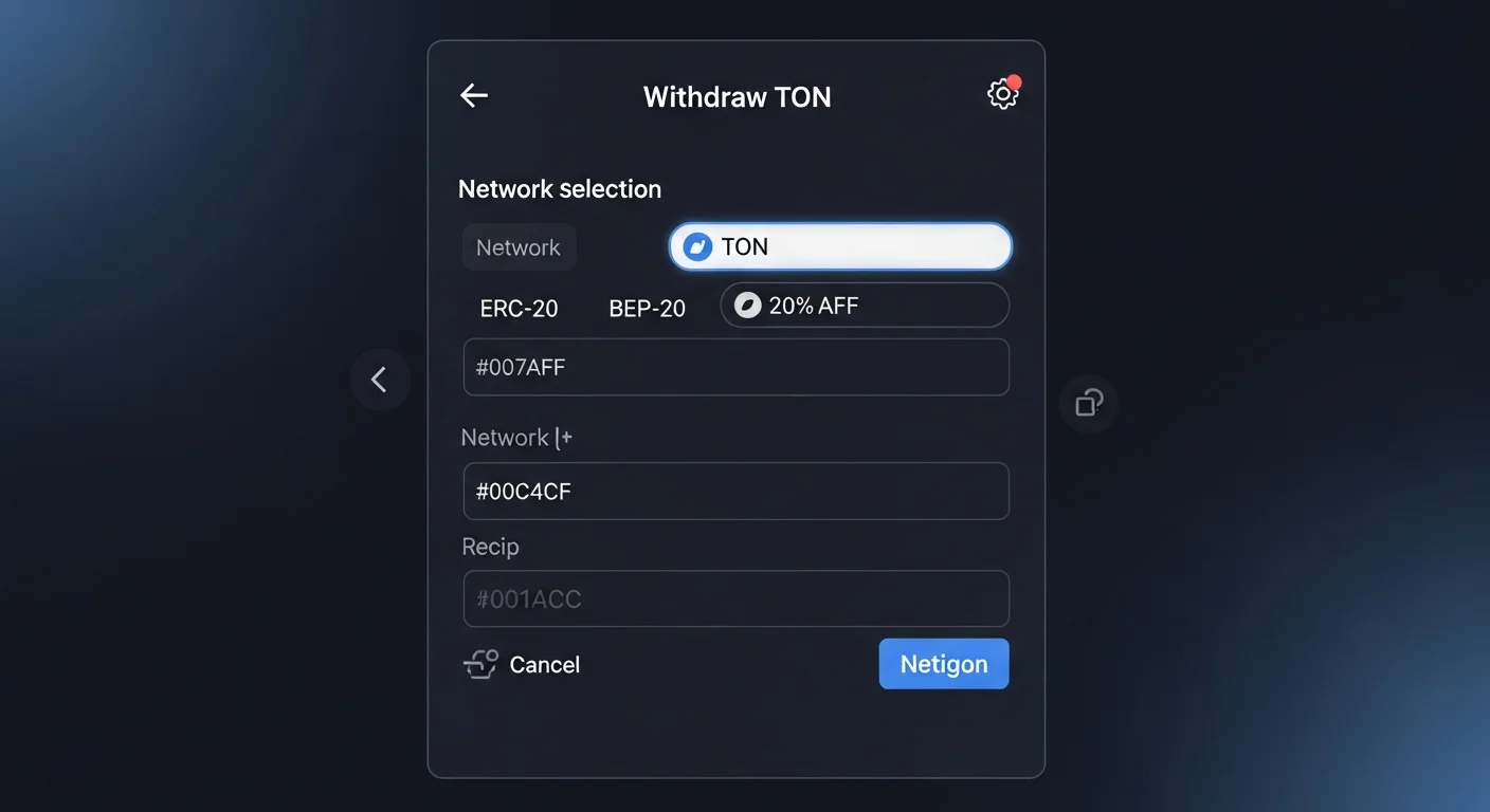 Exchange withdrawal screen mockup with TON network selected, address and memo field highlighted, amount and fee