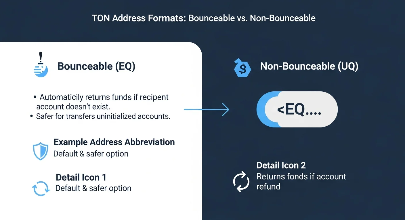 Infographic comparing TON address formats EQ and UQ with example abbreviations and explanation icons