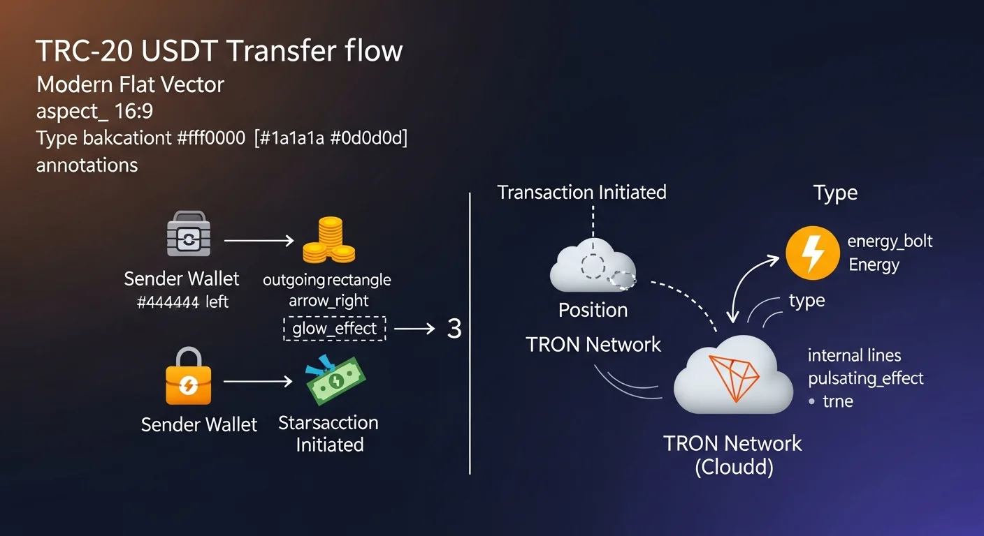 Diagram of TRC-20 USDT transfer between two TRON wallets with energy and bandwidth icons