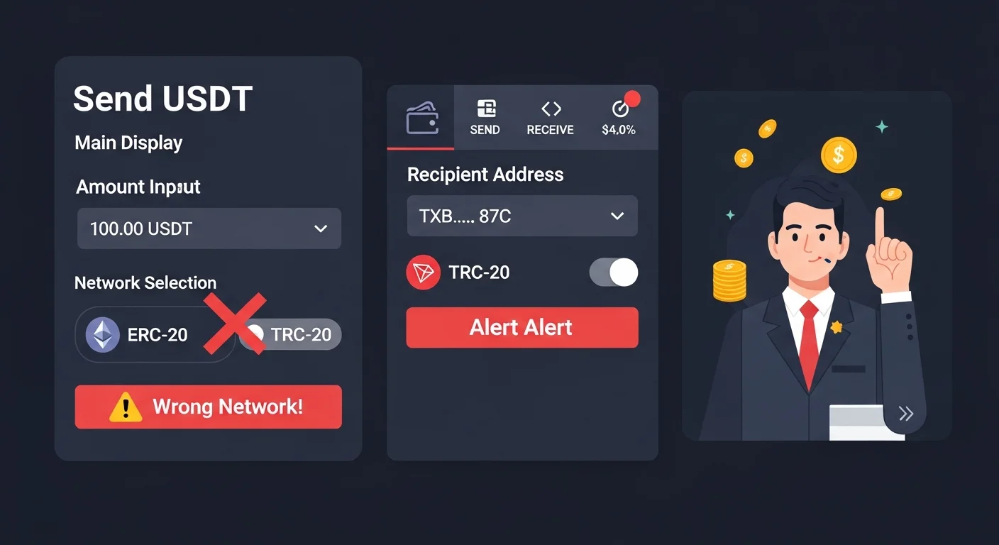 Four-panel illustration of USDT TRON mistakes: wrong network, low energy, address typo, exchange chain mismatch
