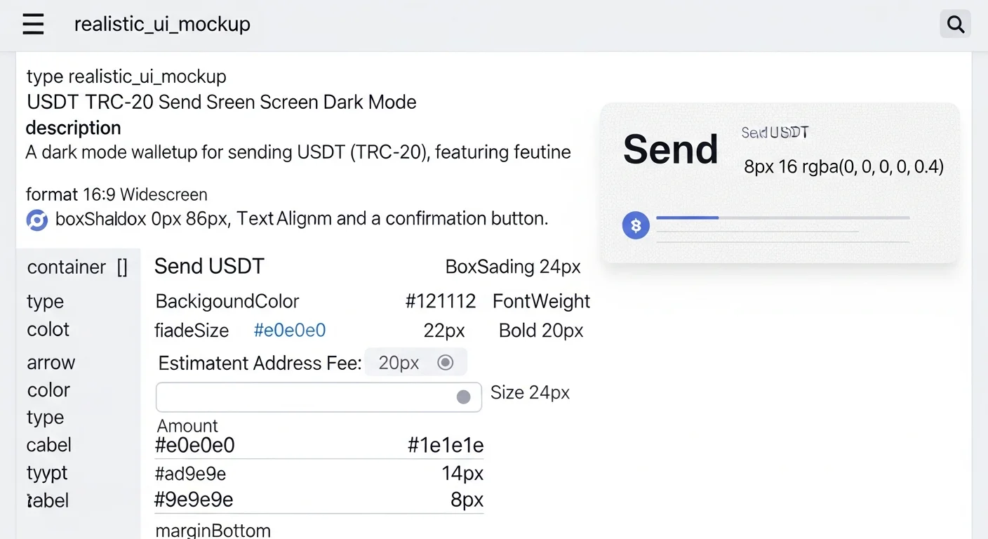 Wallet UI mockup showing USDT TRC-20 send screen with amount, recipient address, and fee estimate