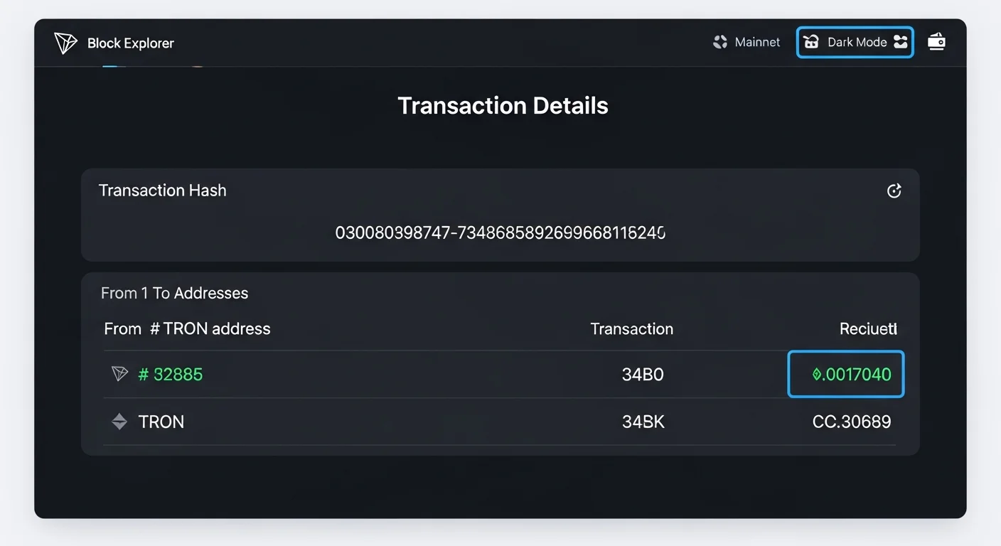 Block explorer mockup showing a TRON USDT transaction detail page with hash, addresses, amount, energy and bandwidth used