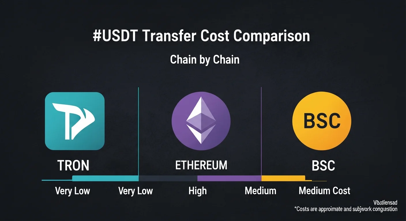 Infographic comparing USDT transfer cost on TRON, Ethereum, and BSC