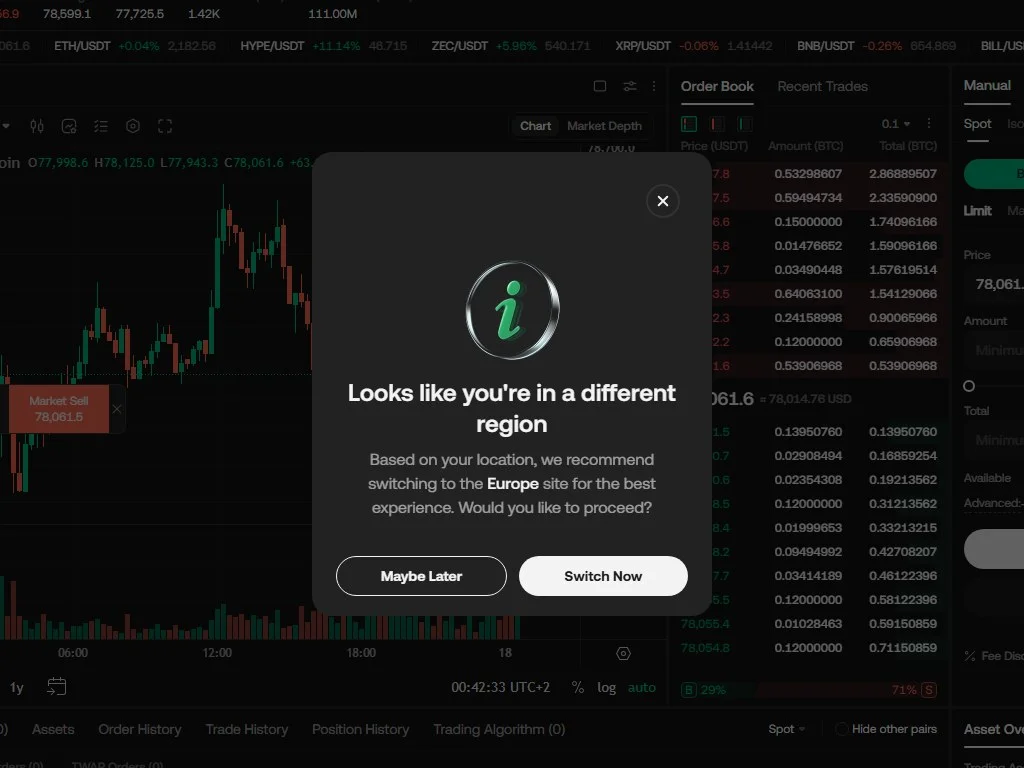 KuCoin spot trading interface with TradingView candlestick chart, order book, and buy/sell order panel