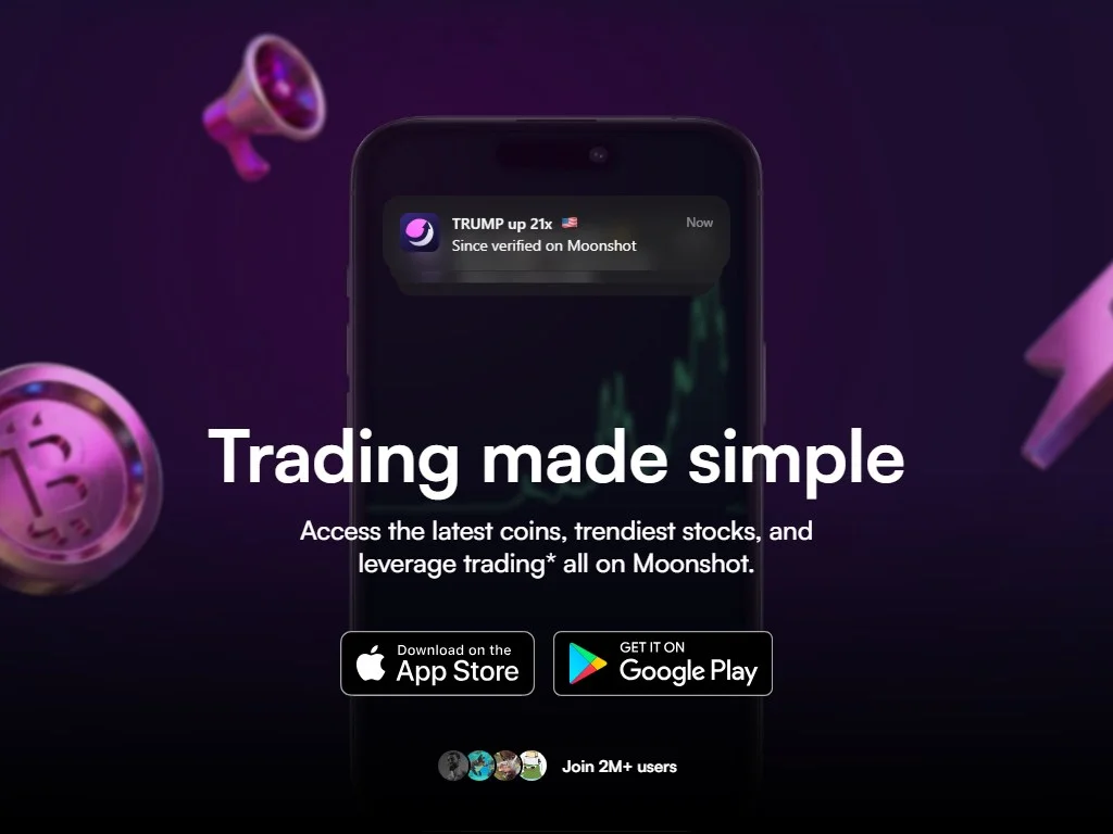 Moonshot crypto app home screen showing trending Solana memecoins, Apple Pay onramp option, and swipe to buy interface on iPhone