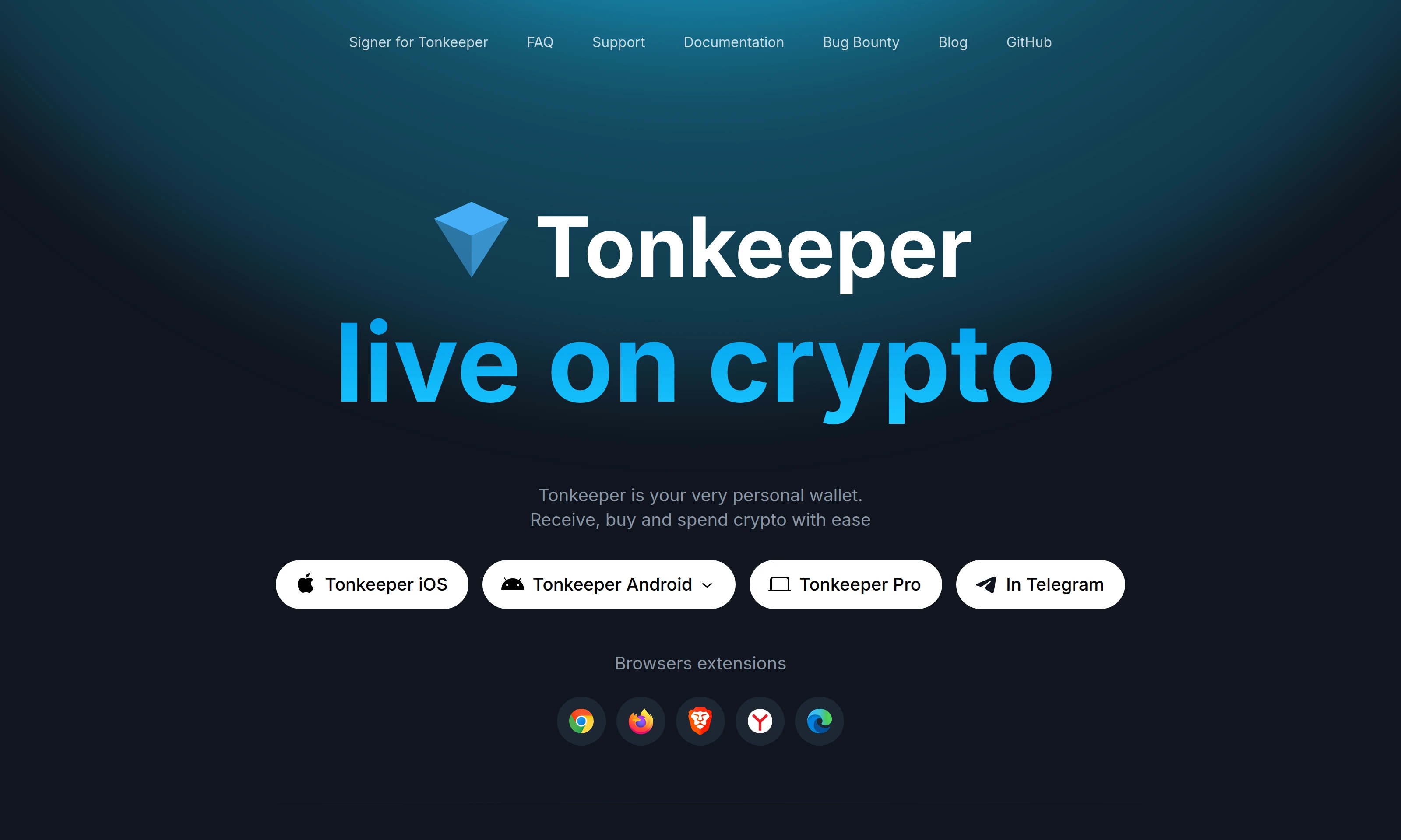 Tonkeeper homepage showing the TON self-custody wallet interface
