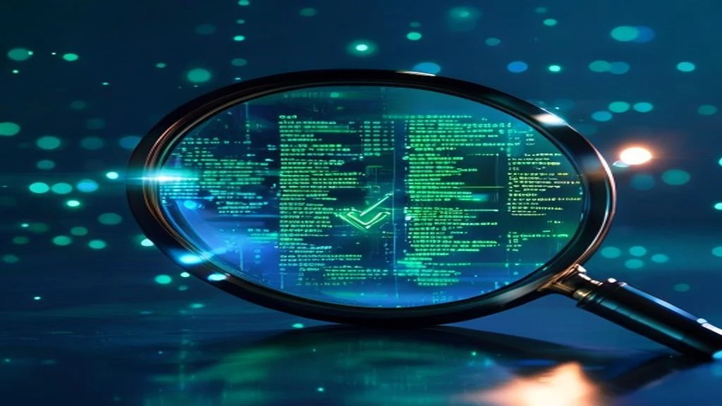 Magnifying lens hovering over a translucent smart contract code block with green verified checkmark, cinematic editorial illustration.