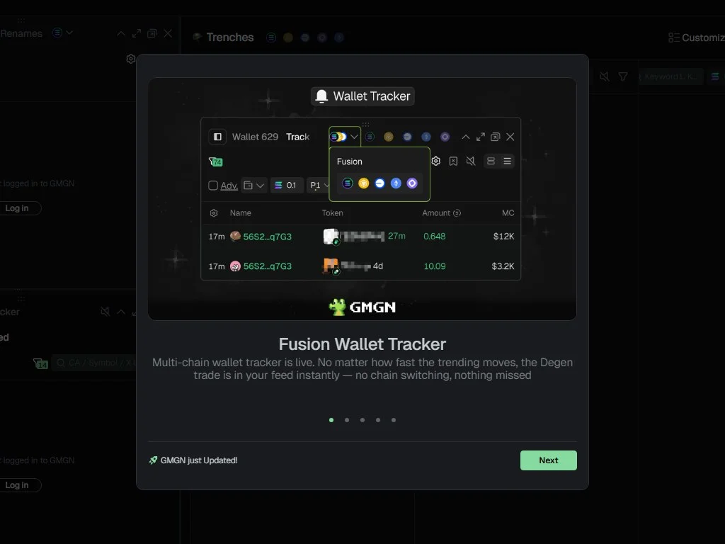 Multi-tool crypto analytics dashboard showing Nansen Arkham GMGN and DEXtools smart wallet labels side by side