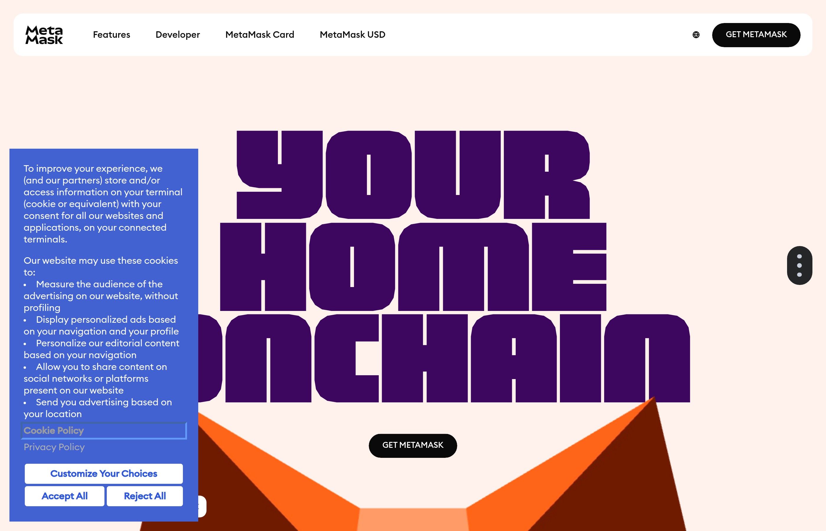 MetaMask crypto wallet homepage showing browser extension and mobile app
