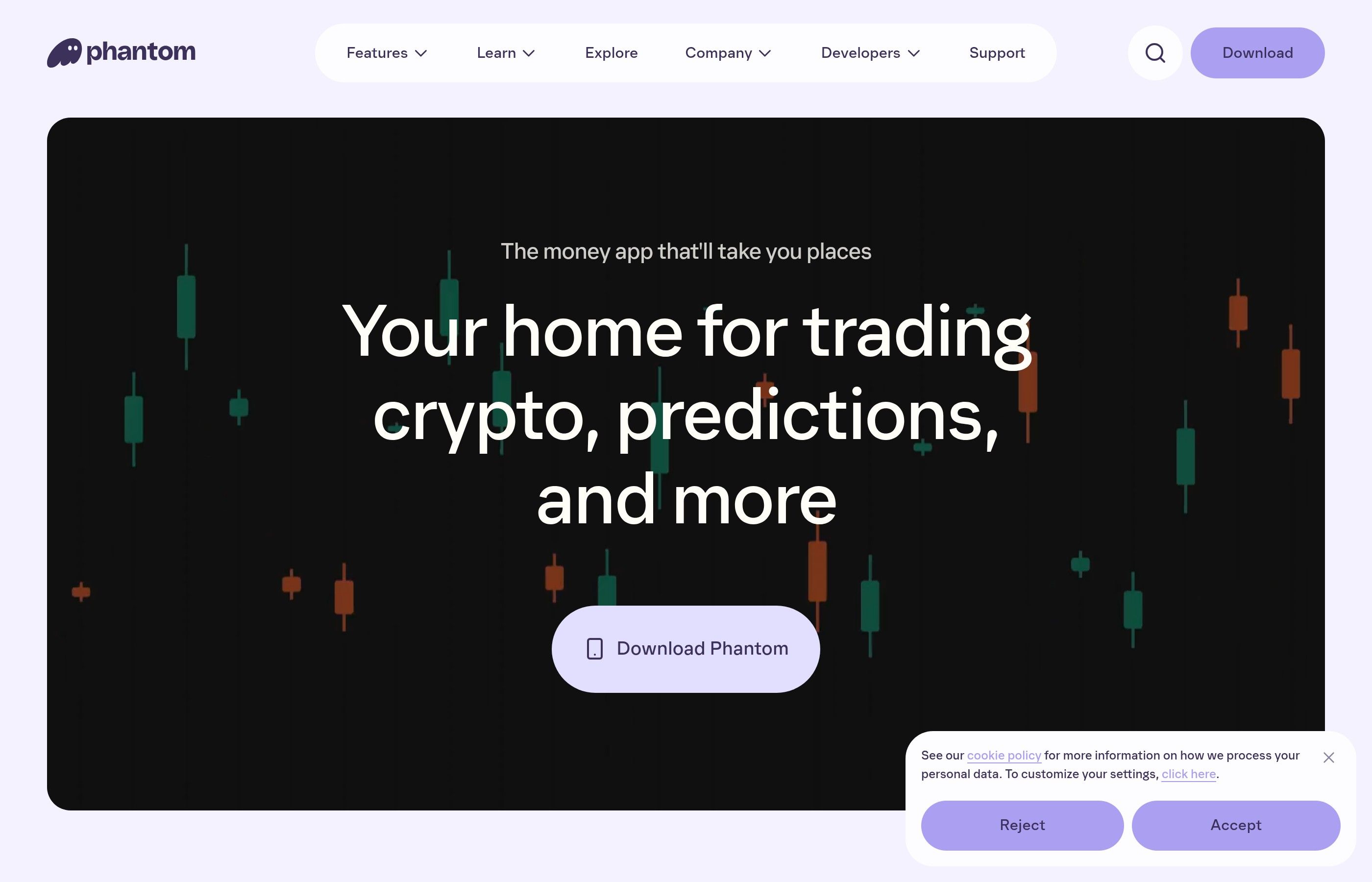 Phantom wallet homepage showing multi-chain support for Solana and Ethereum