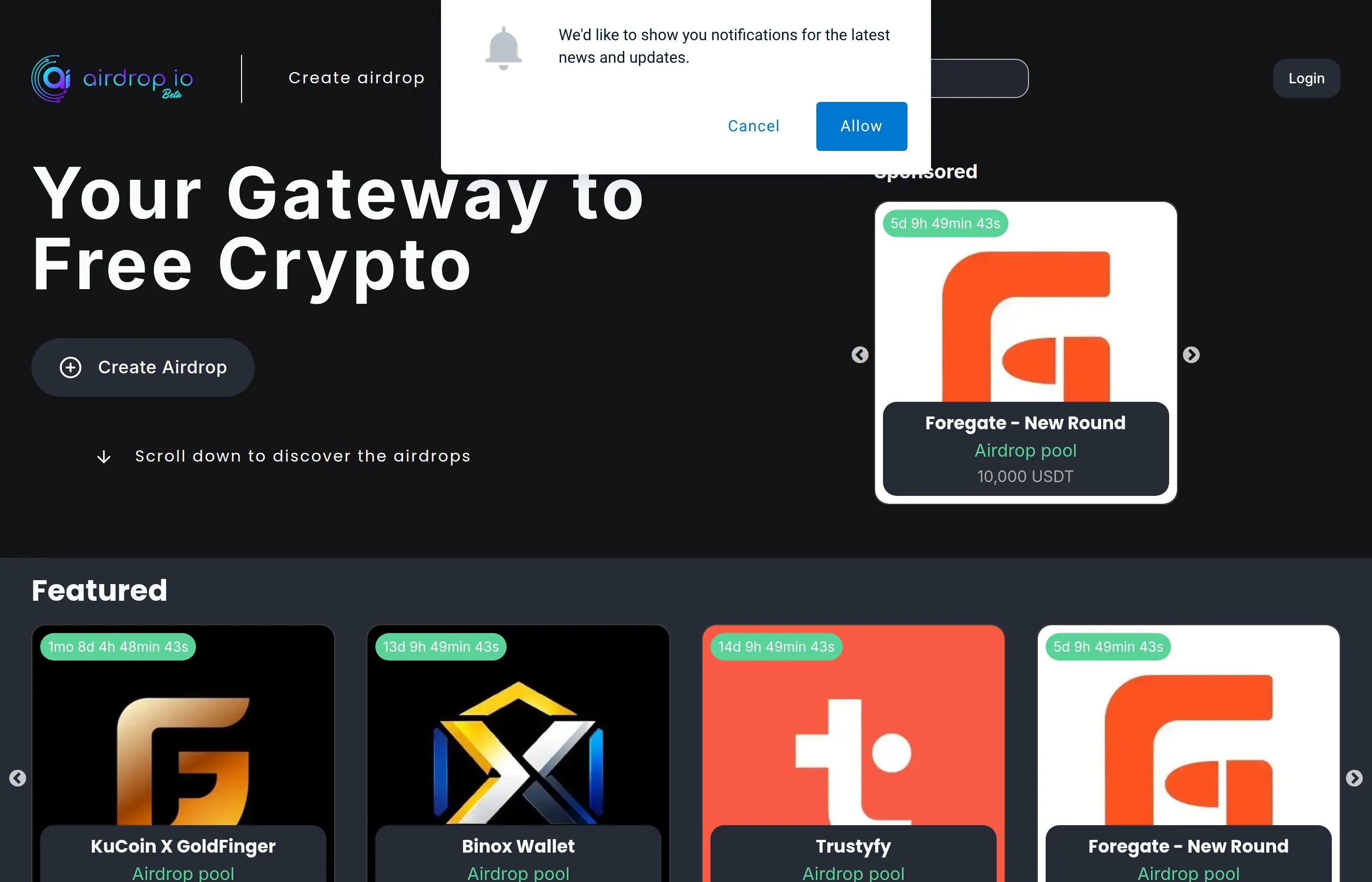 Crypto airdrop tracking platform showing upcoming and active airdrops