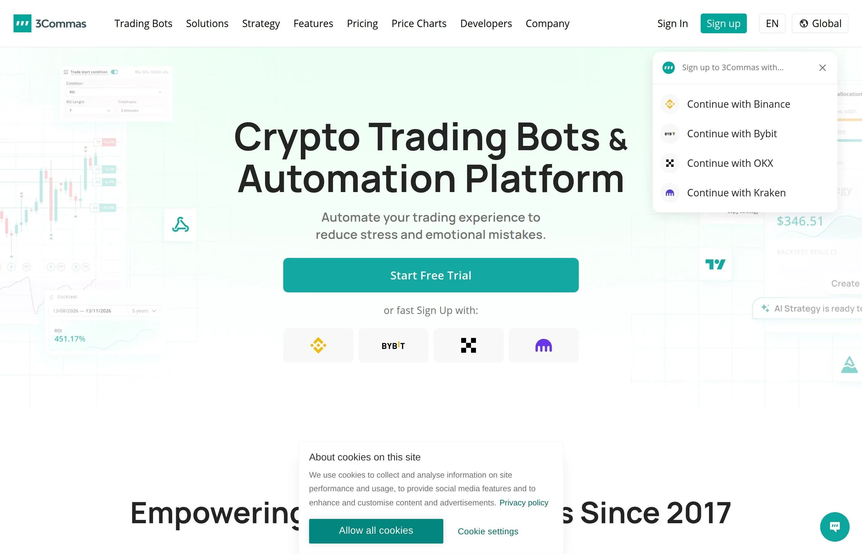 3Commas copy trading interface showing top trader performance and portfolio allocation