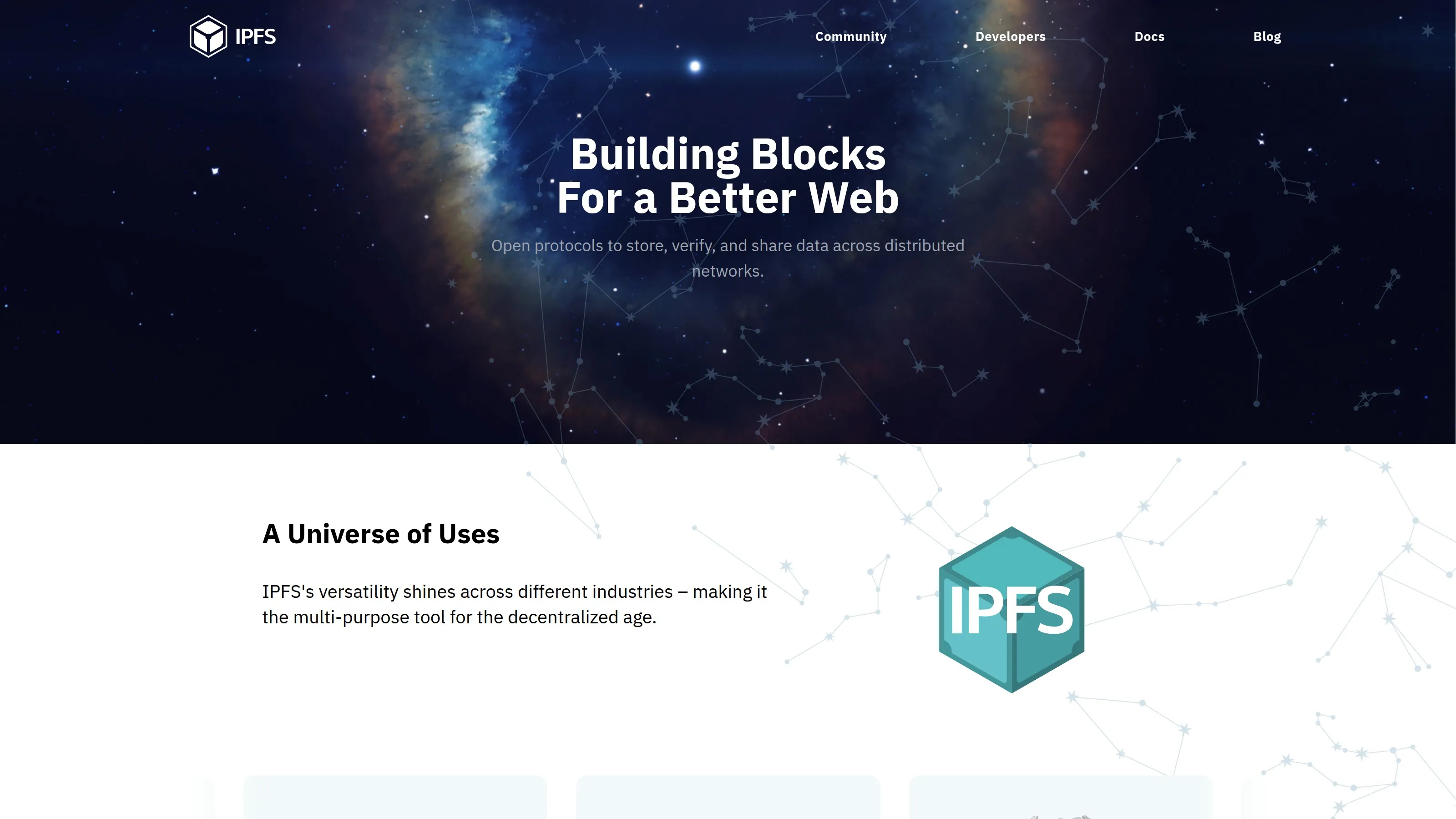 IPFS homepage showing decentralized storage, content addressing and distributed file infrastructure.