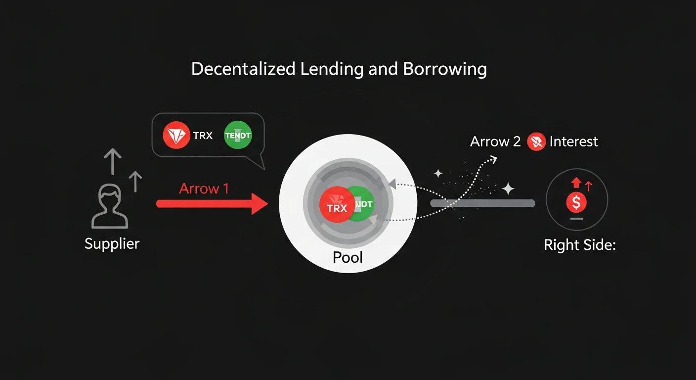 Diagram of supply, borrow, and interest flow inside the JustLend money market