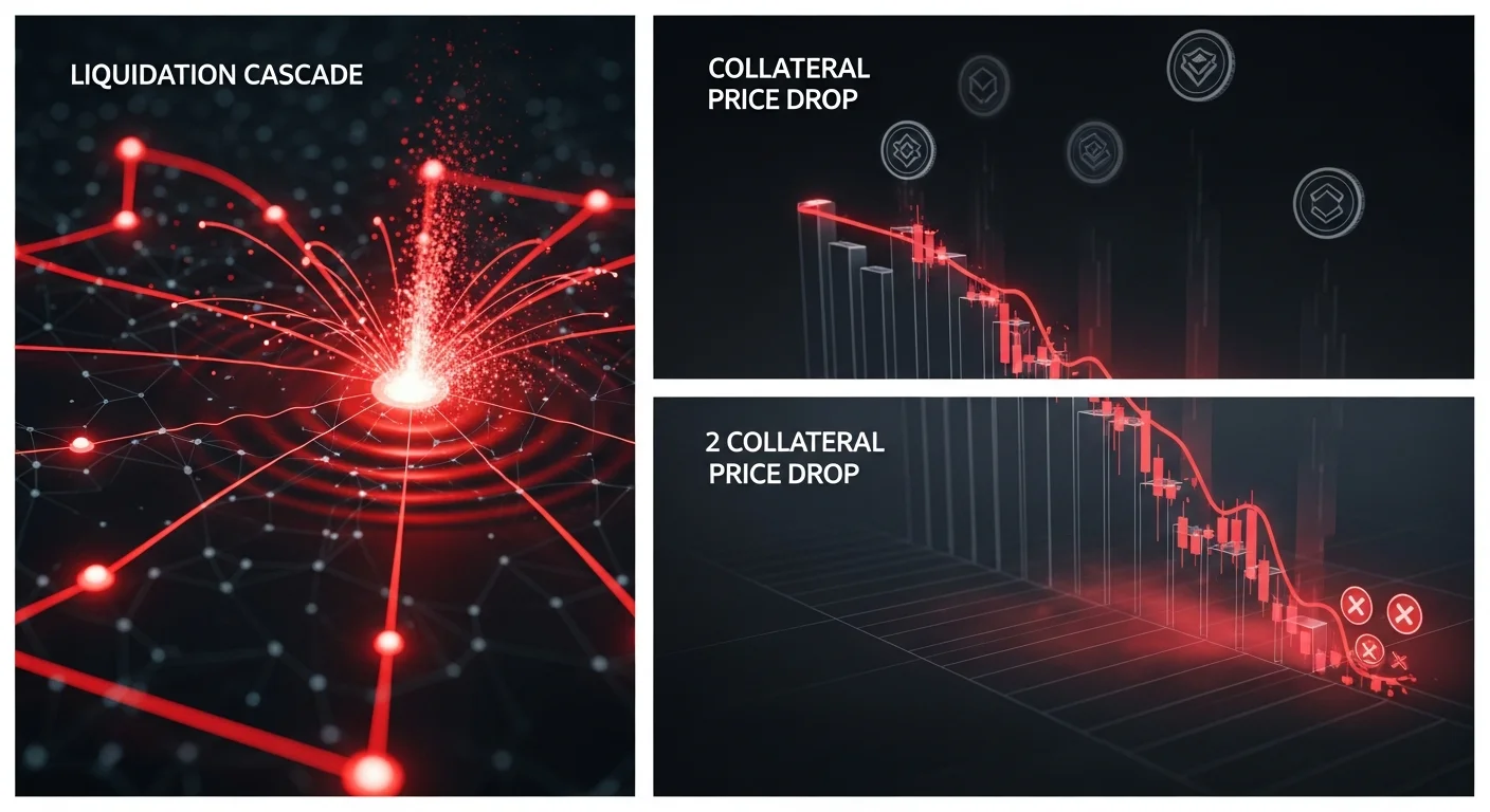 Four-panel illustration of JustLend risks: liquidation cascade, collateral price drop, contract risk, rate volatility