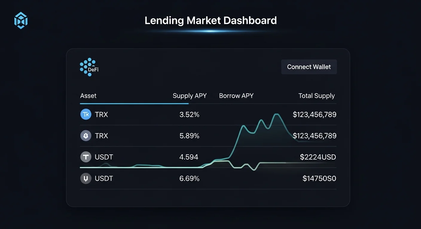 JustLend dashboard mockup with rows for TRX, USDT, USDD, BTT showing supply APY, borrow APY, and total supply