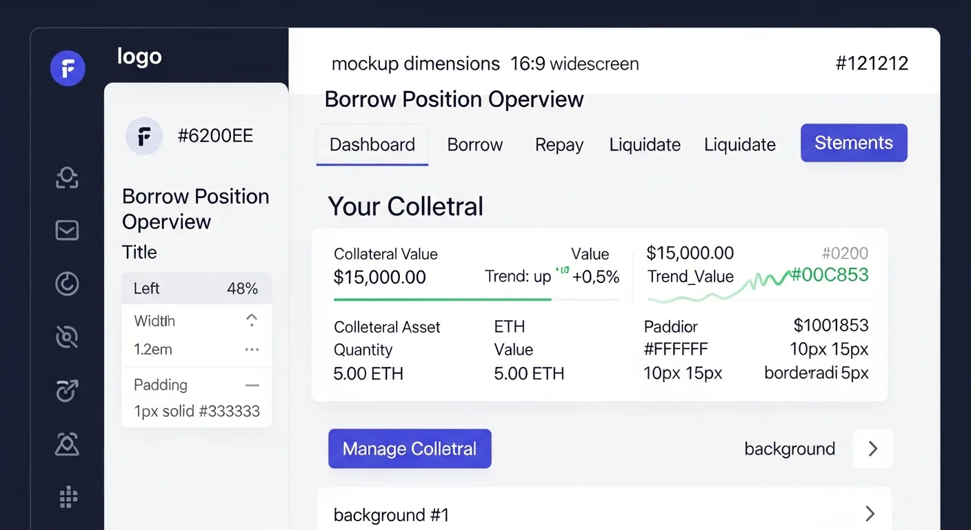 JustLend borrow position mockup showing collateral value, debt, LTV, liquidation threshold, and health factor