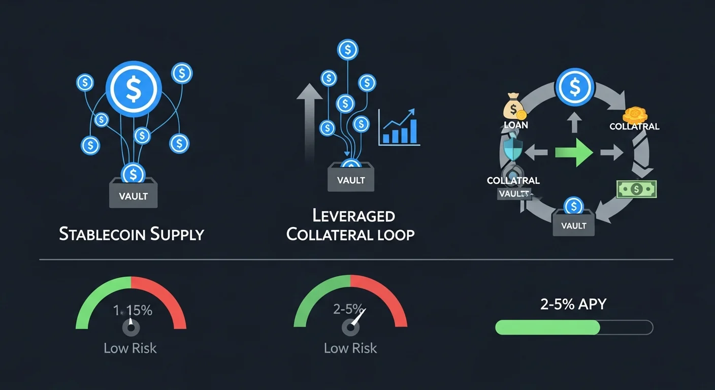 Infographic showing three JustLend strategies side by side with risk and APY bands
