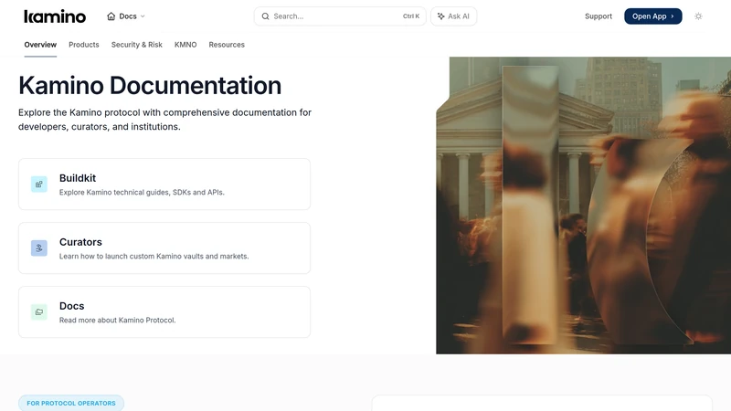 Kamino documentation page showing docs navigation for products, security, and resources