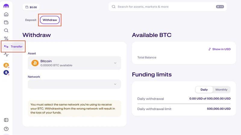 Kraken withdrawal screen for sending crypto out to a wallet