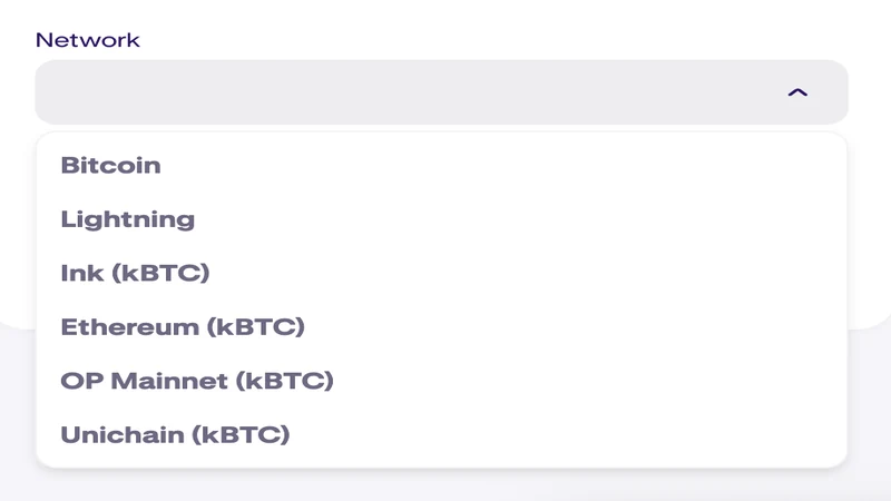 Kraken network selection menu during a withdrawal flow