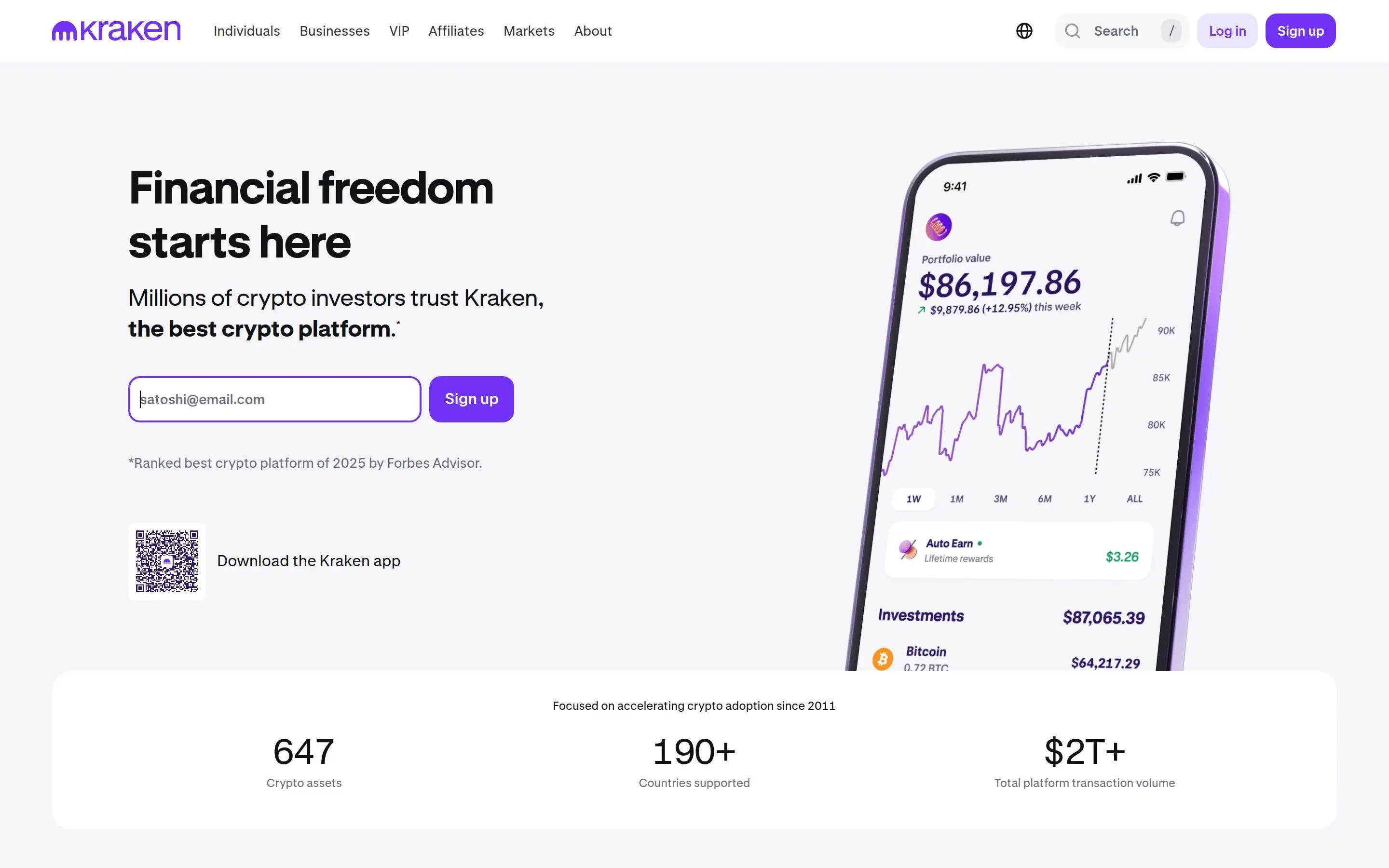 Kraken cryptocurrency exchange homepage