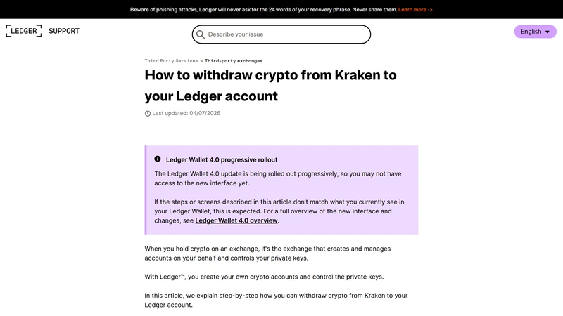 Ledger support article showing how to withdraw crypto from Kraken to a Ledger account