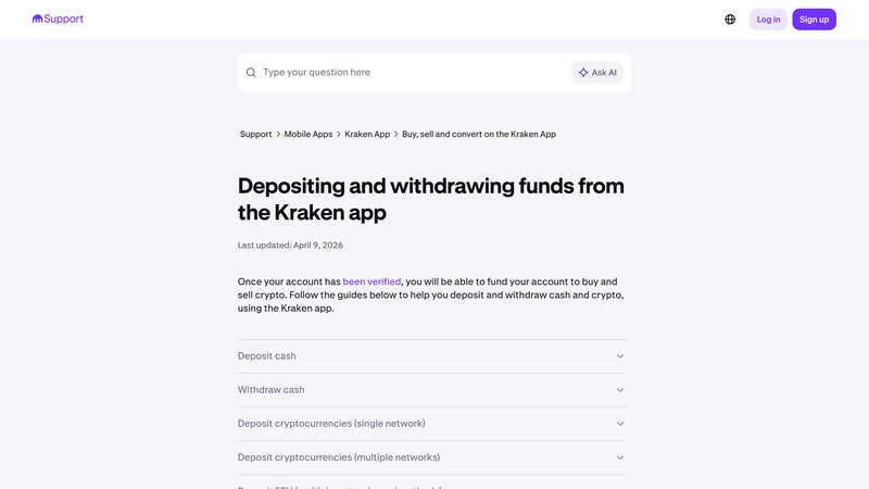 Kraken support page about depositing and withdrawing funds from the Kraken app