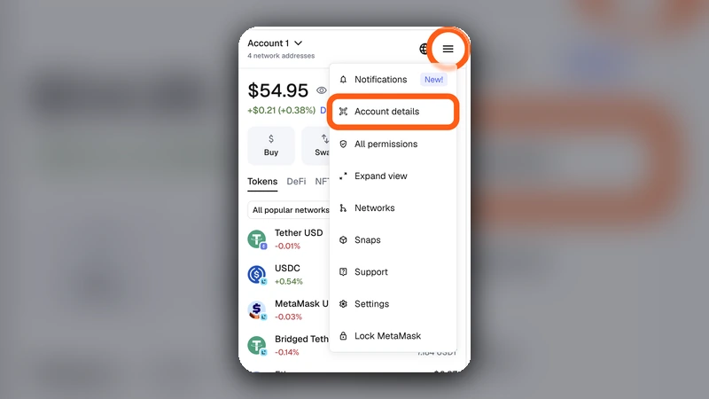 Official MetaMask help center screen showing where to open Account details before copying a receiving address