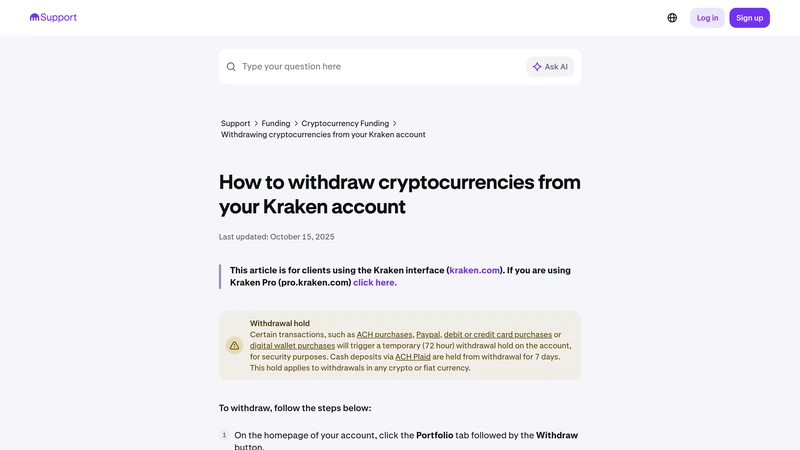 Kraken support article showing the crypto withdrawal workflow