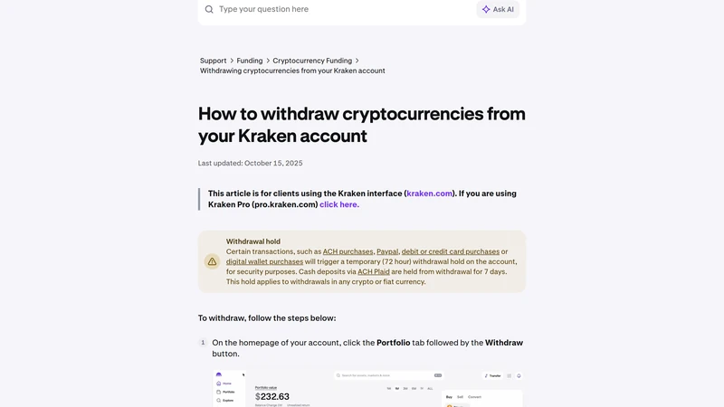 Kraken support article section explaining key withdrawal details and checks