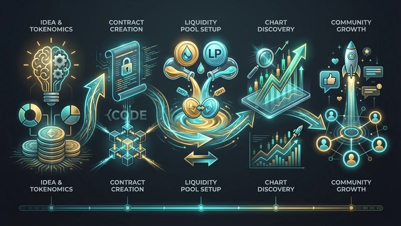 Visual token launch workflow covering tokenomics, contract creation, liquidity, chart discovery, and community growth