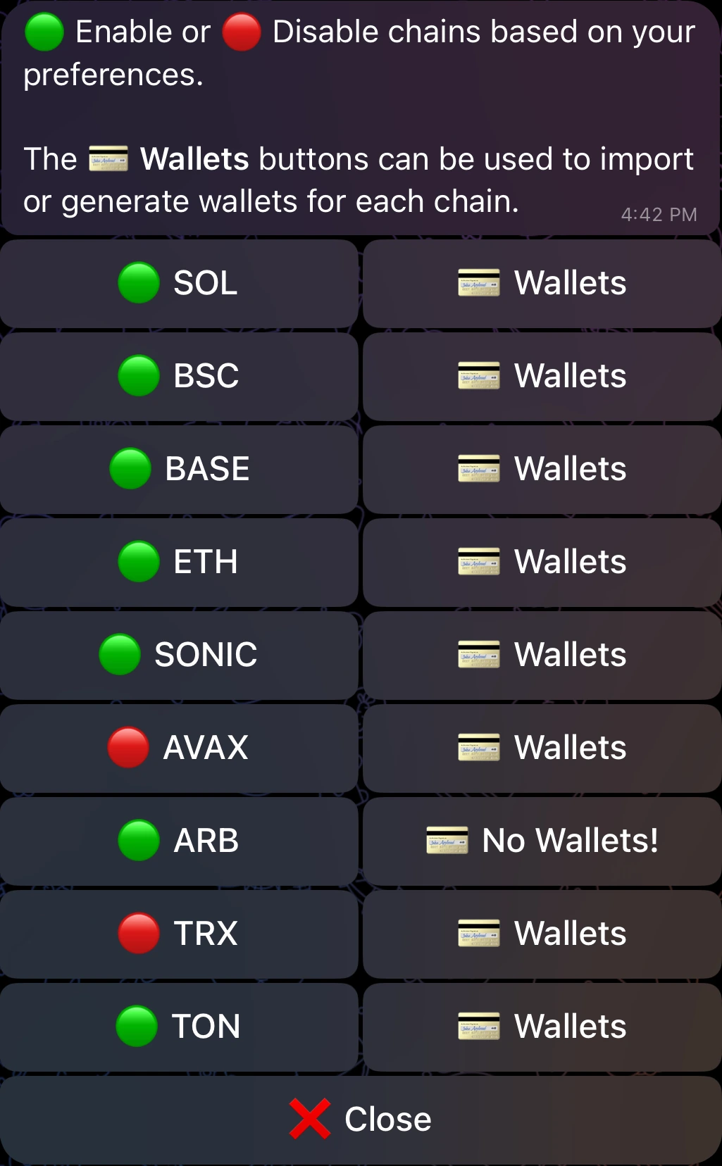 Maestro chain selection screen in Telegram showing supported chains and wallet buttons