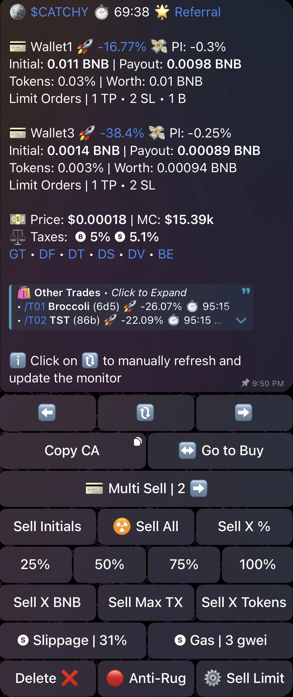 Maestro trade monitor screen showing active position management and sell controls