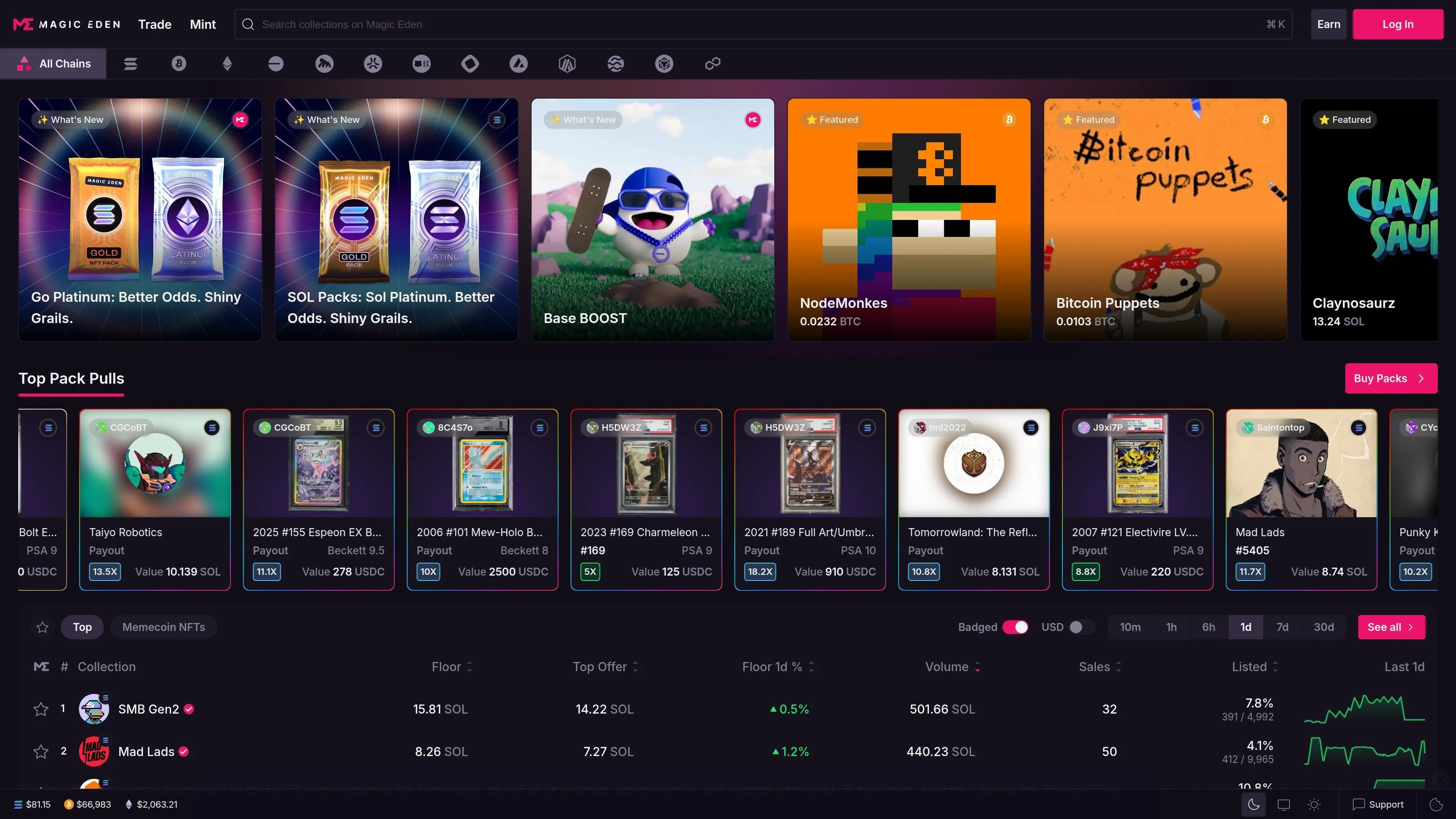 Magic Eden NFT marketplace homepage