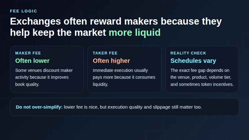 Conceptual visual explaining why maker fees are often lower than taker fees